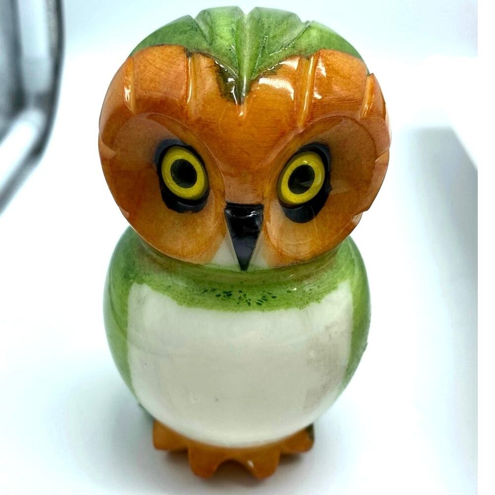 VTG Alabaster Owl Figurine Ducceschi  Italian Hand Carved‎ Painted Green 4"MCM